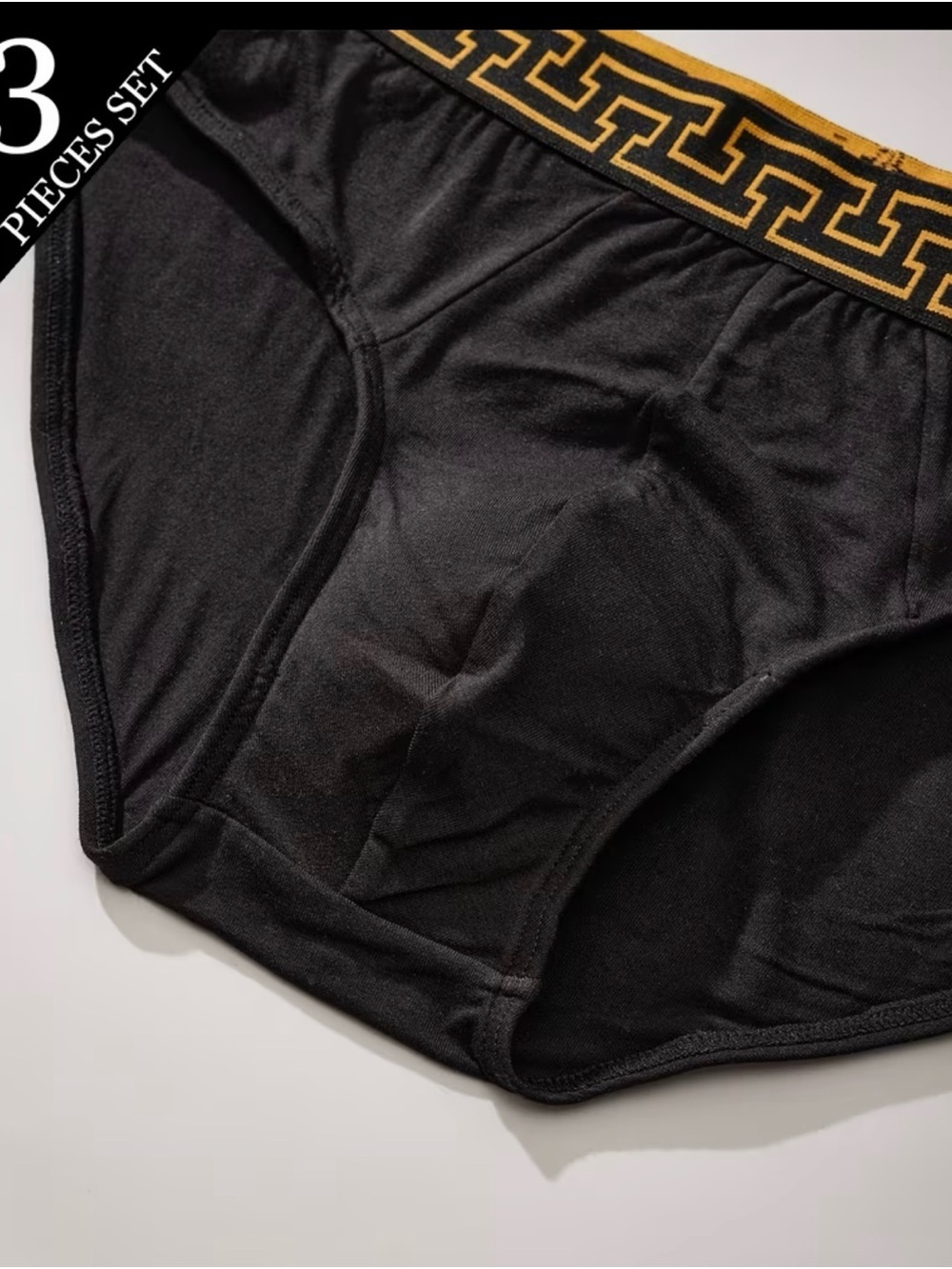 Black Briefs Set with Gold Geometric Waistband - 3 Pack - Picture 3 of 5